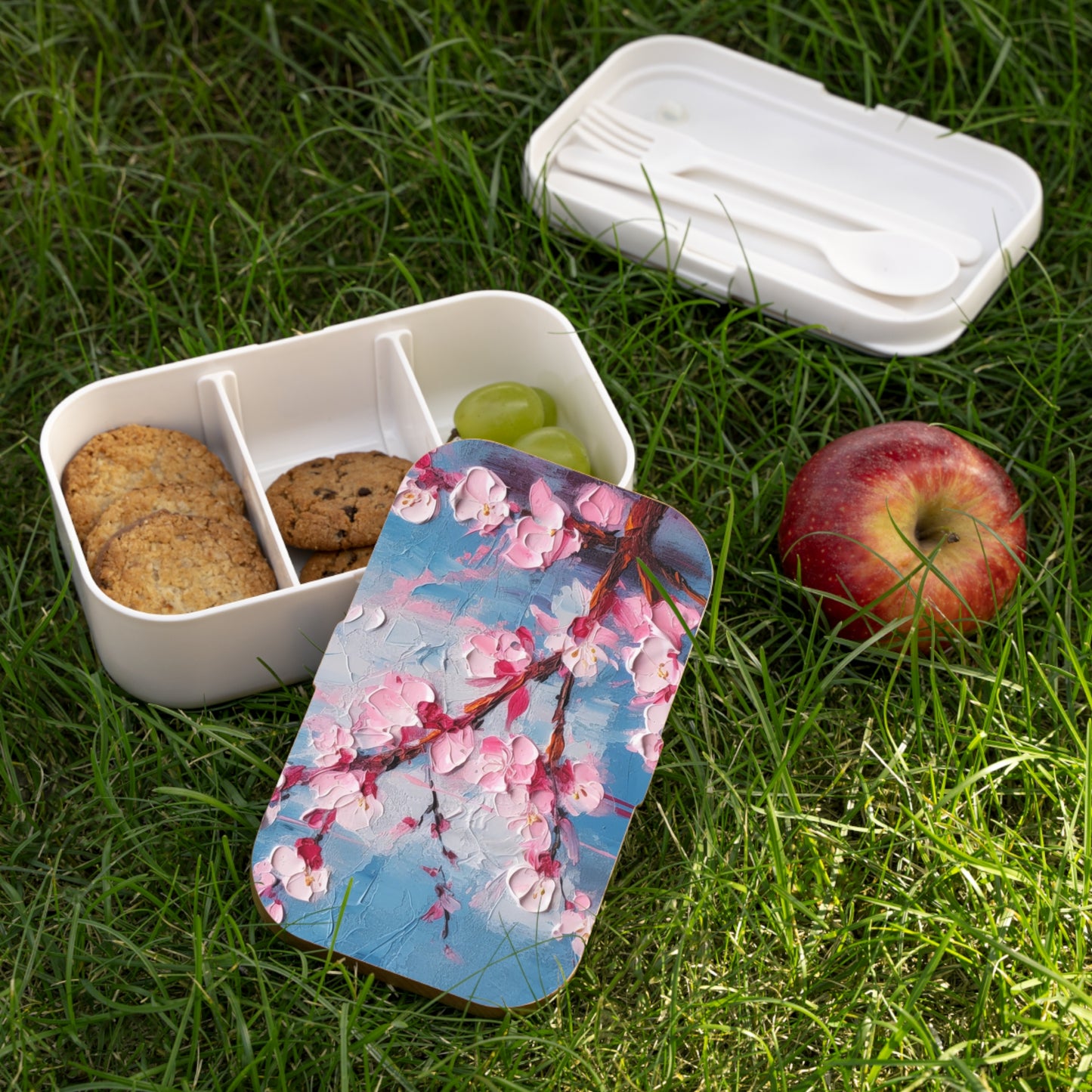 Bento Box with Abstract Cherry Blossom Drawing: Embrace the Serenity