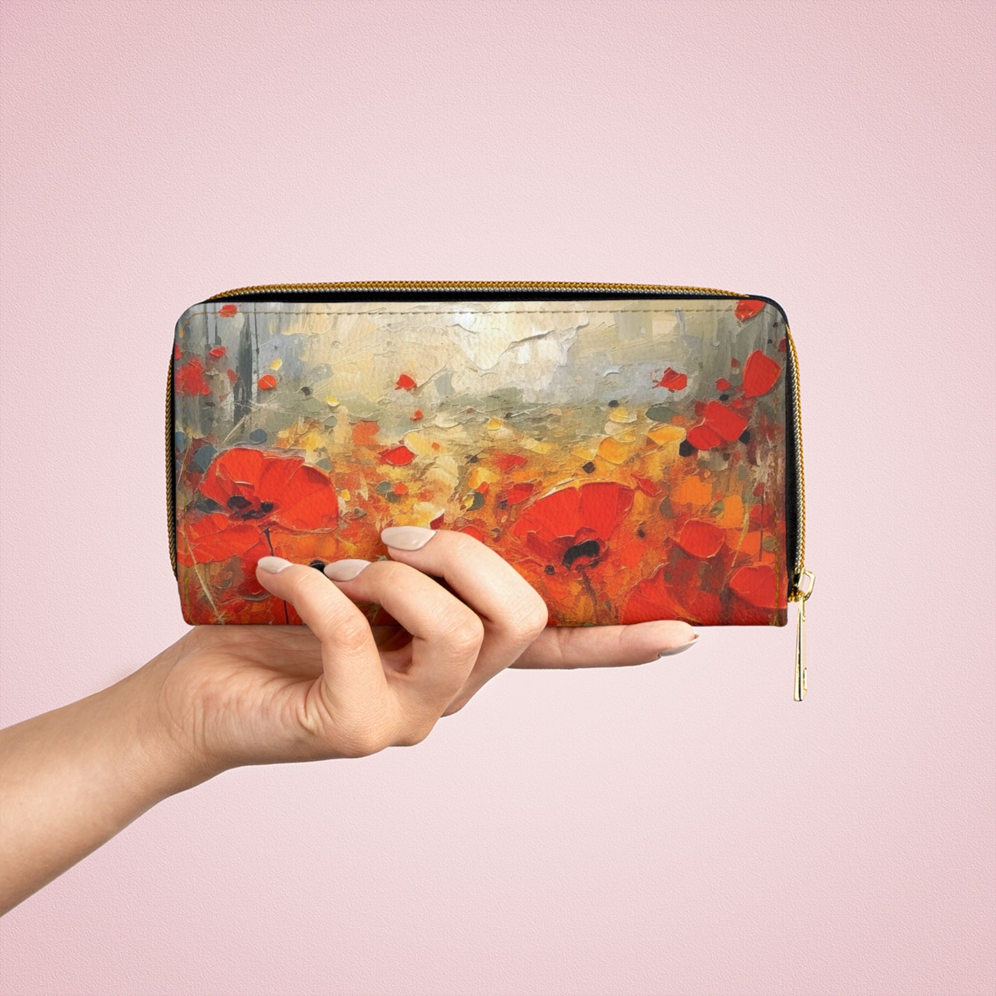 Whimsical Poppy Art on Zipper Wallet