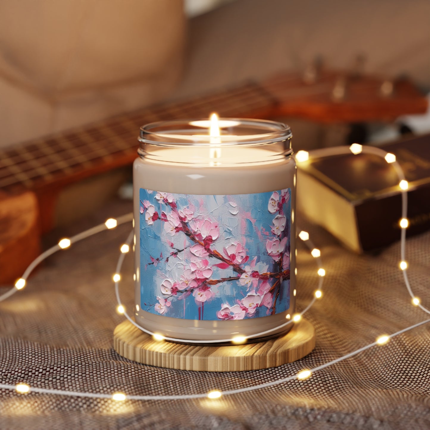 Scented Soy Candle with Abstract Cherry Blossom Drawing: Embrace the Serenity