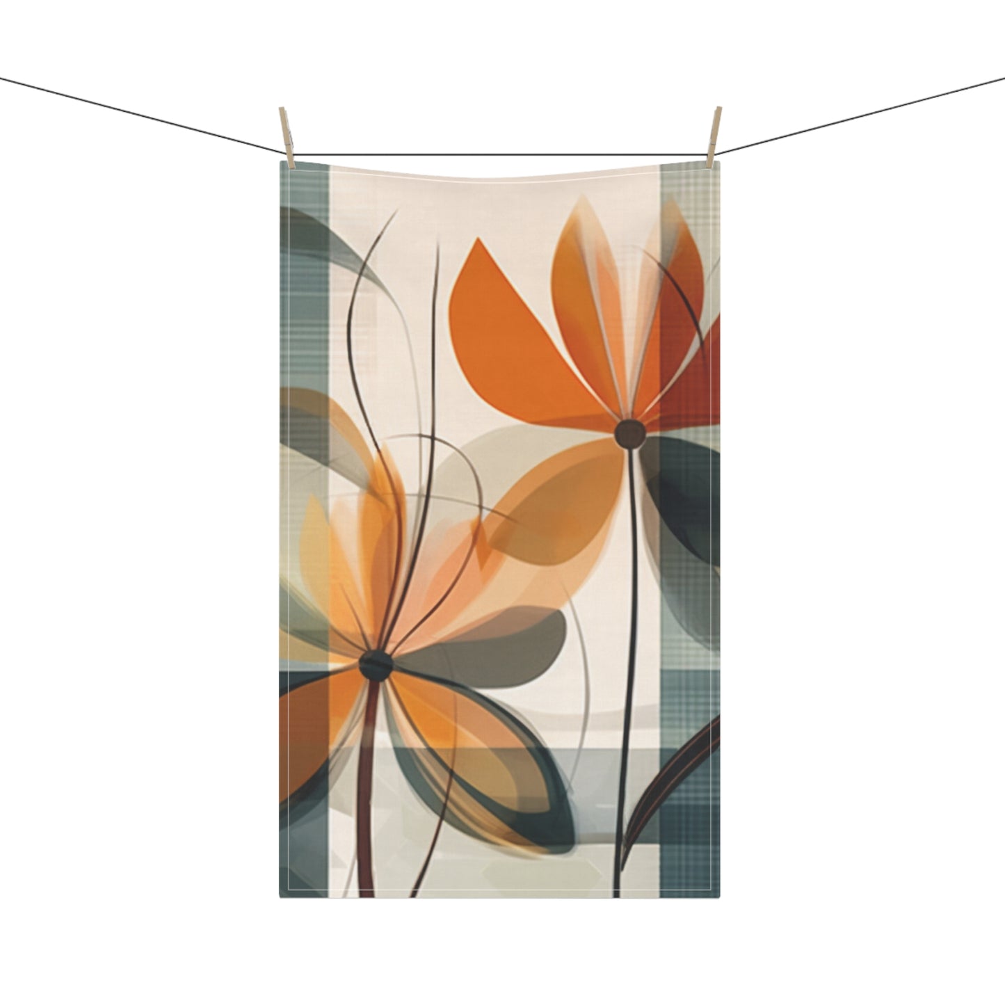 Botanical Chic: Flower Drawings and Minimalist Kitchen Towel Design with Midcentury Flair
