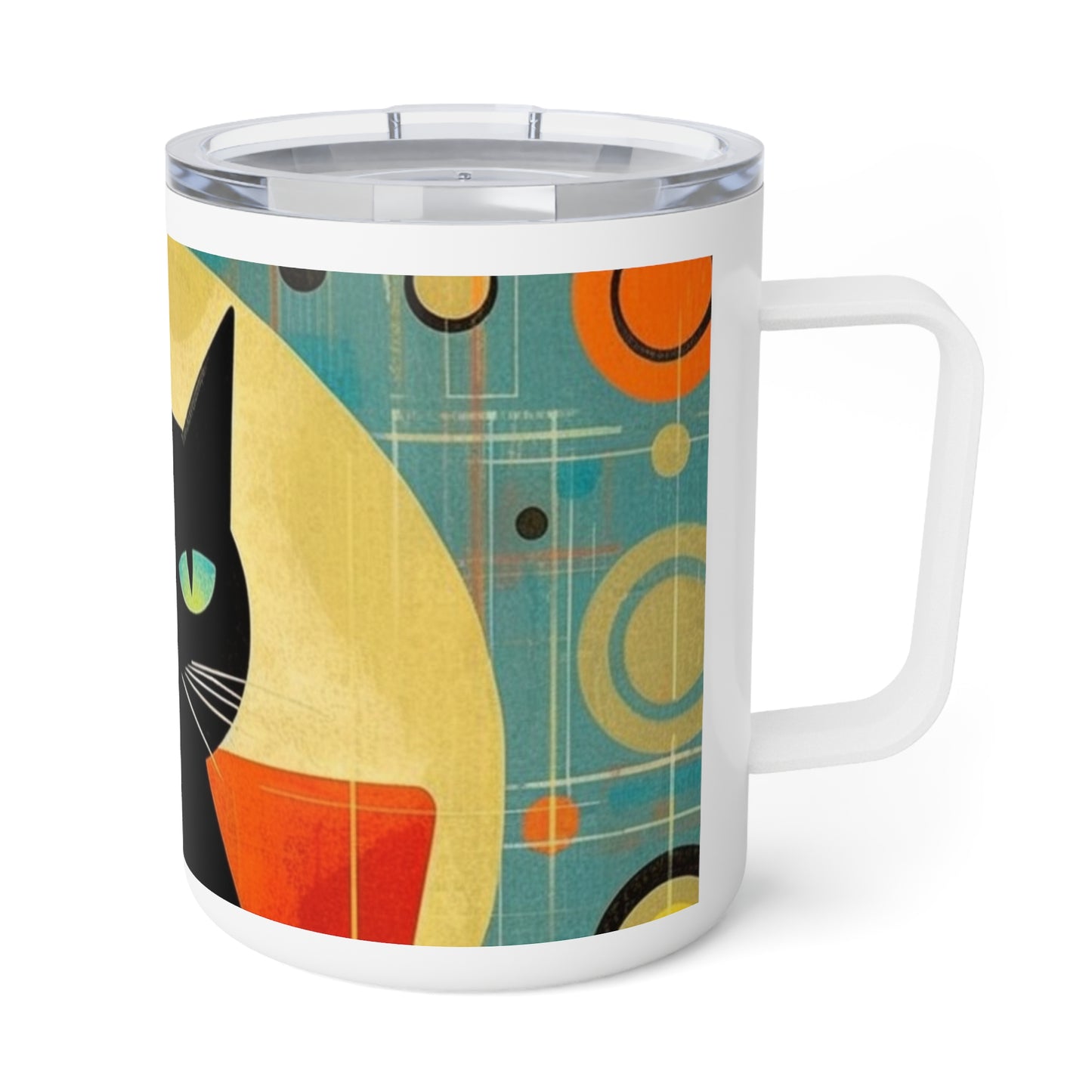 Cat Lover's Delight: Insulated Coffee Mug with Atomic Age Design and Midcentury Flair