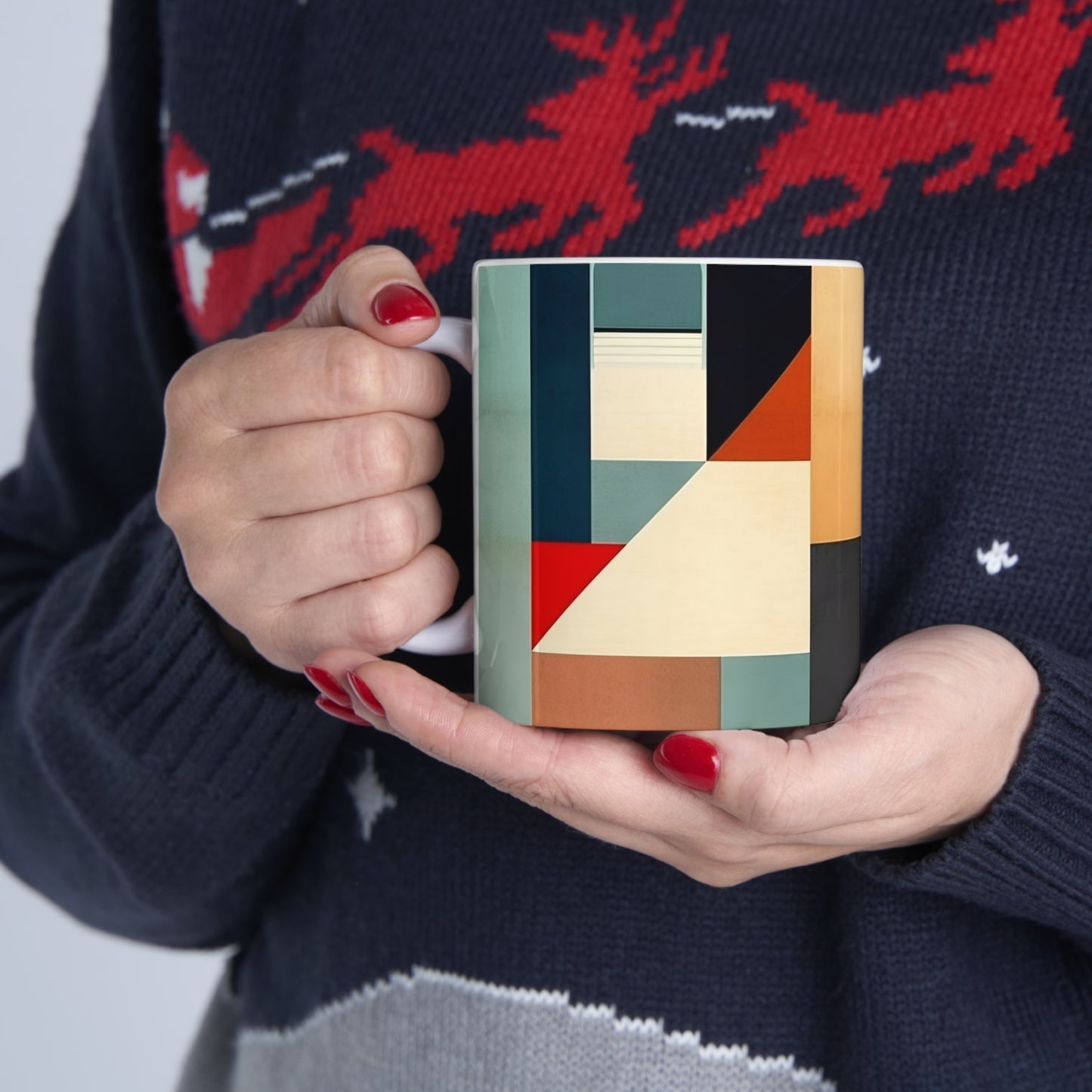 Abstract Geometric Fusion: Modern Art Mug Inspired by Atomic Age Design