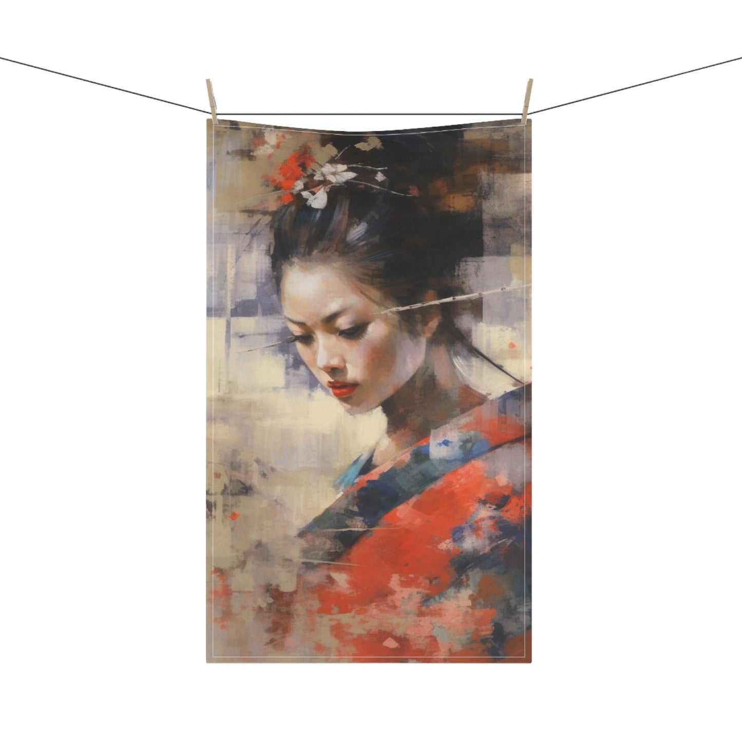 Japanese-Inspired Abstract Oil Painting Kitchen Towel: Celebrating Geisha Beauty