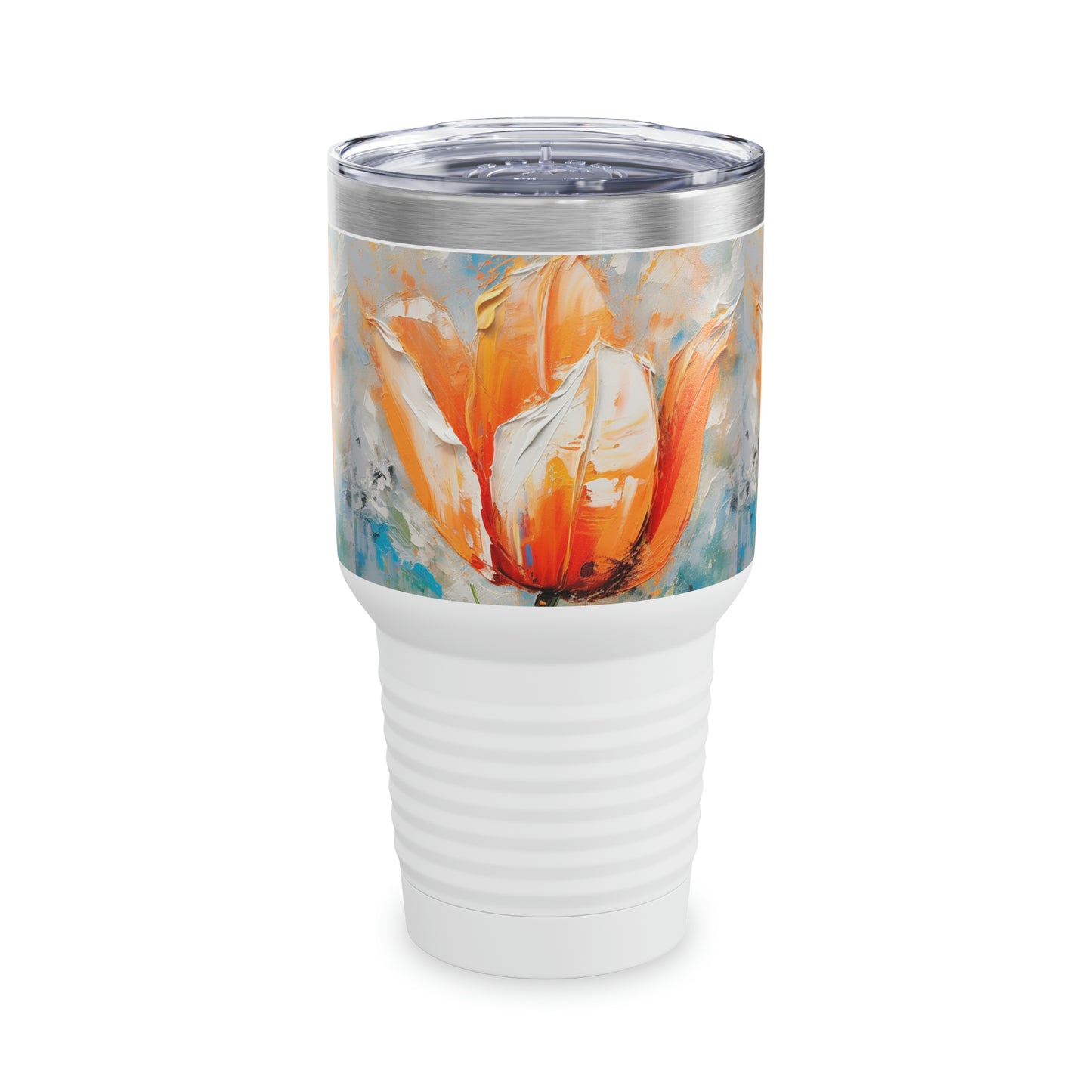Ringneck Tumbler with Vibrant Orange Tulip: Nature's Beauty in Abstract Artistry