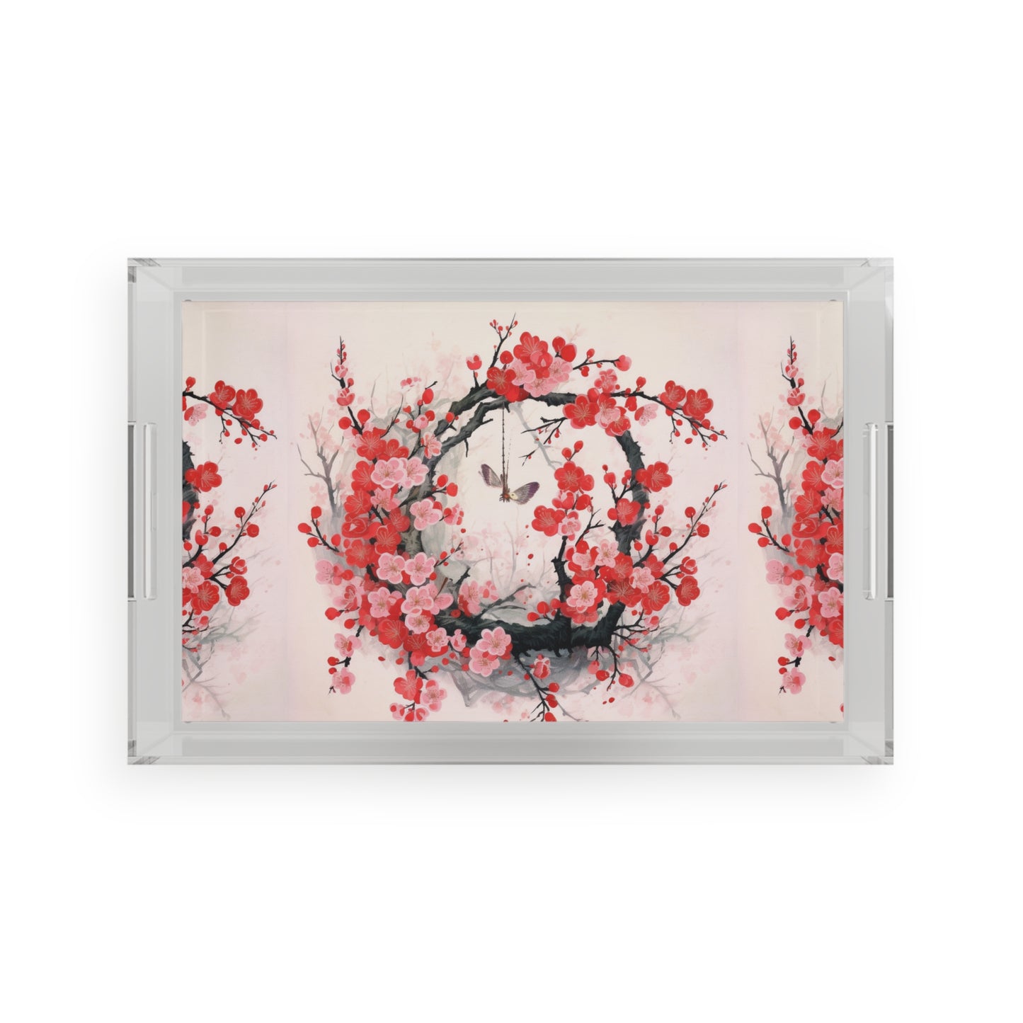 Cherry Blossom Delight: Acrylic Serving Tray Adorned with Intricate Flower Drawings and Artistry