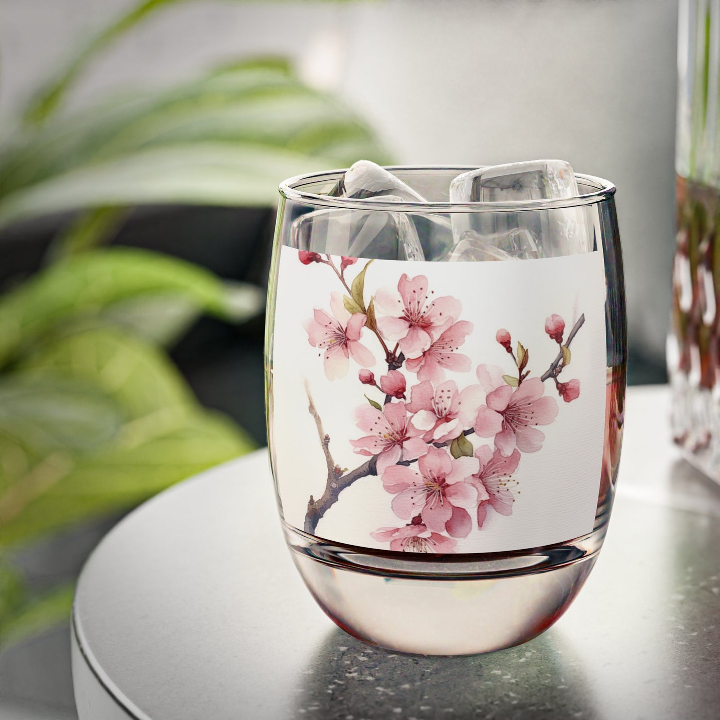 Watercolor Cherry Blossom Whiskey Glass