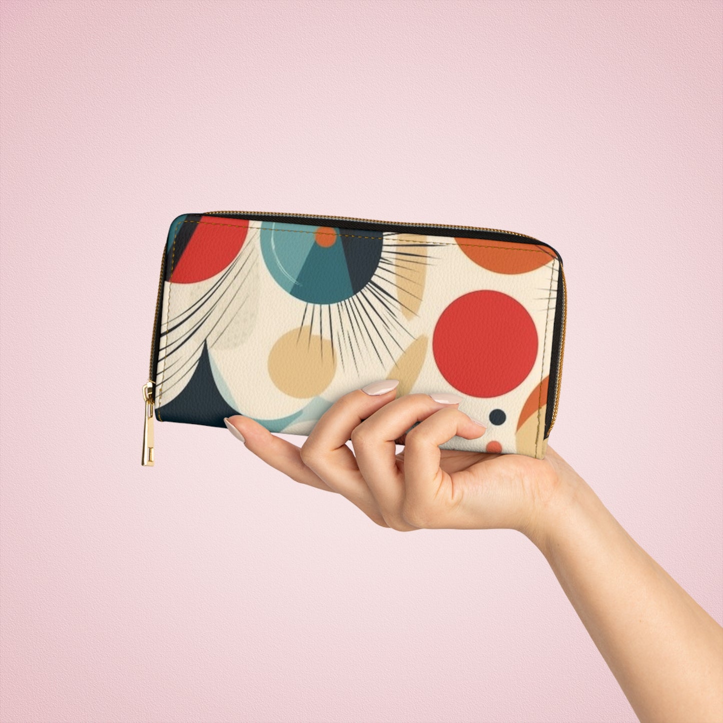 Abstract Elegance: Midcentury Modern Zipper Wallet with Modern Abstract Art and Vintage Fashion
