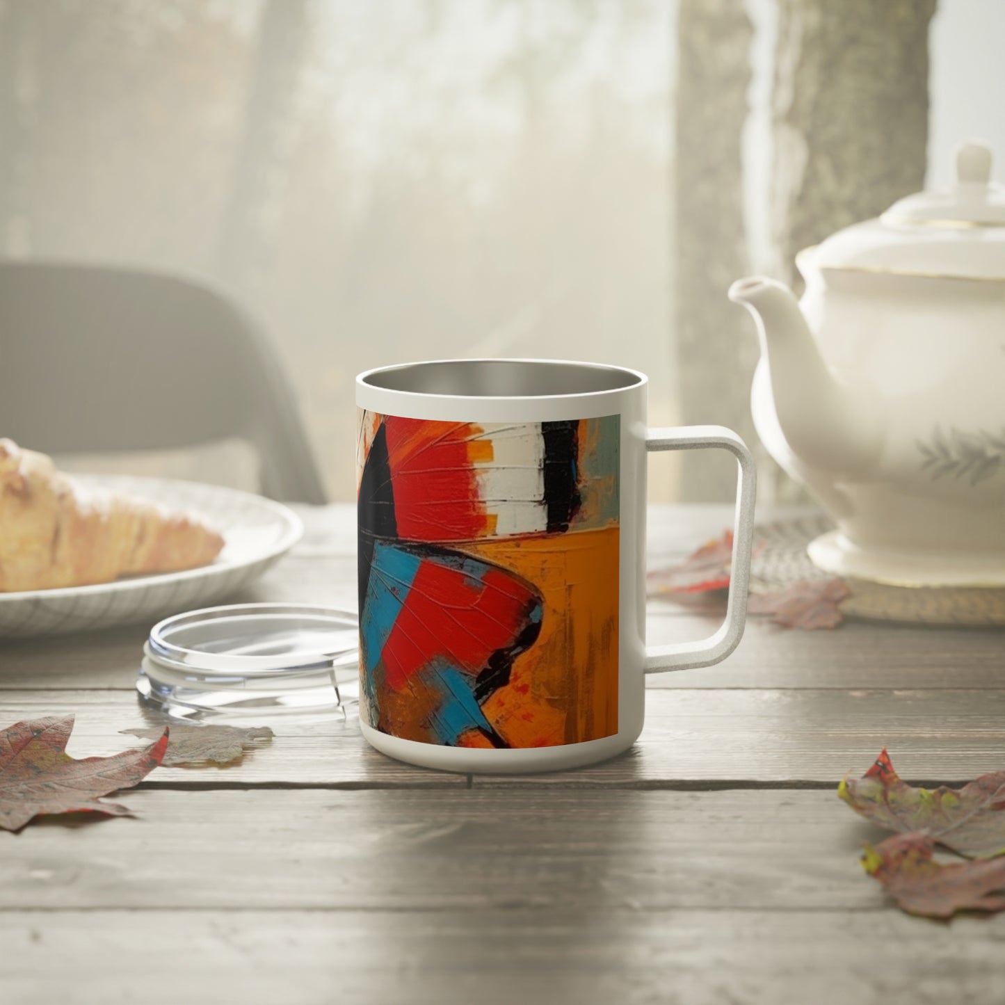 Bauhaus-Inspired Butterfly Symphony: Insulated Coffee Mug with Vibrant Colors and Intricate Details