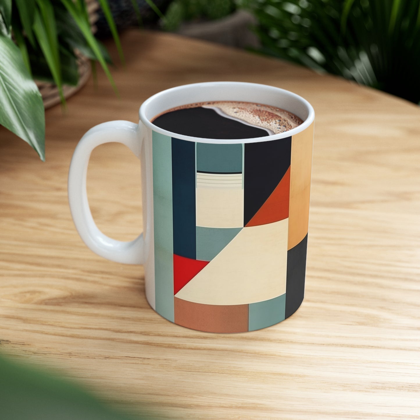 Abstract Geometric Fusion: Modern Art Mug Inspired by Atomic Age Design