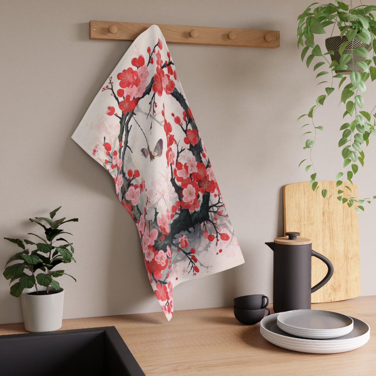 Cherry Blossom Delight: Kitchen Towel Adorned with Intricate Flower Drawings and Artistry