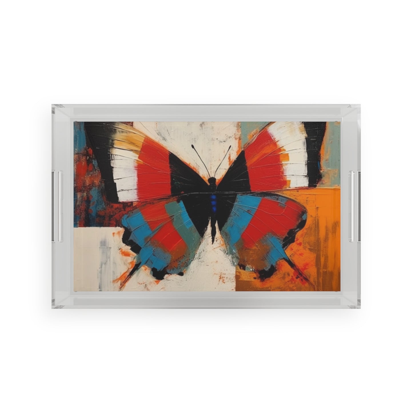 Bauhaus-Inspired Butterfly Symphony: Acrylic Serving Tray with Vibrant Colors and Intricate Details