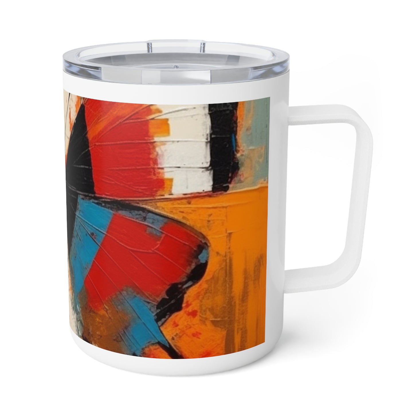 Bauhaus-Inspired Butterfly Symphony: Insulated Coffee Mug with Vibrant Colors and Intricate Details