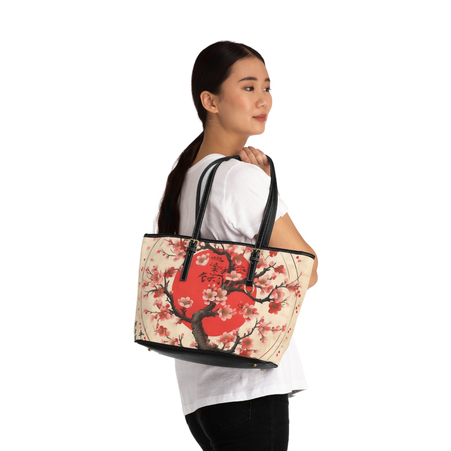 Nature's Brushstrokes: PU Leather Shoulder Bag Featuring Captivating Cherry Blossom Drawings