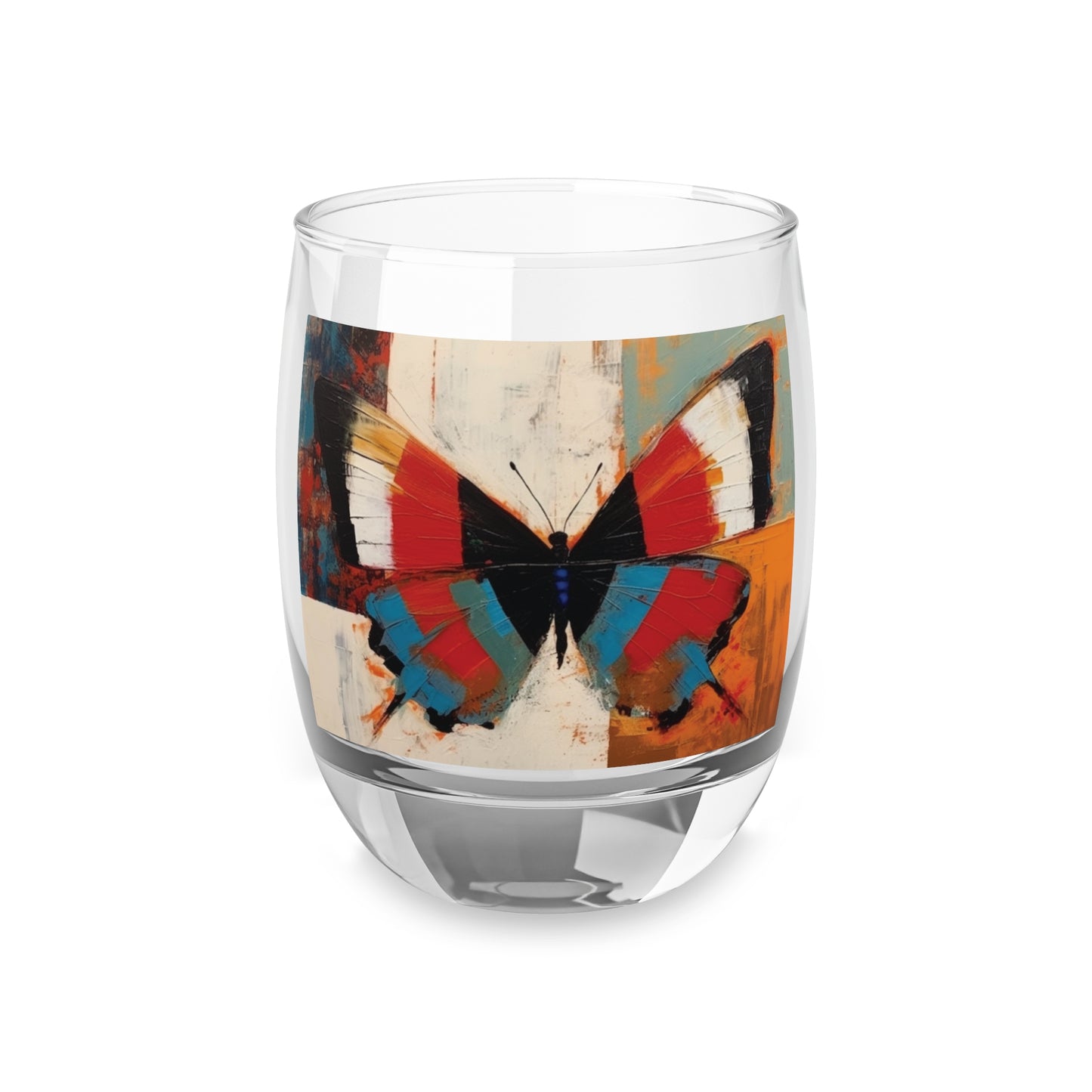 Bauhaus-Inspired Butterfly Symphony: Whiskey Glass with Vibrant Colors and Intricate Details