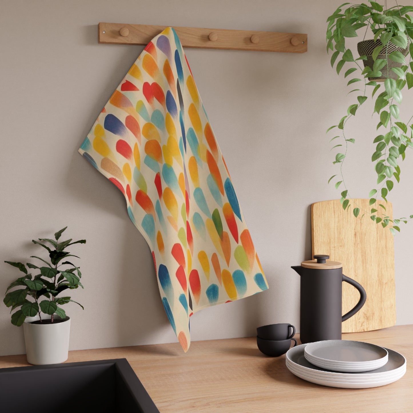 Artistic Expressions: Kitchen Towel Inspired by Tarō Okamoto and Primary Abstraction