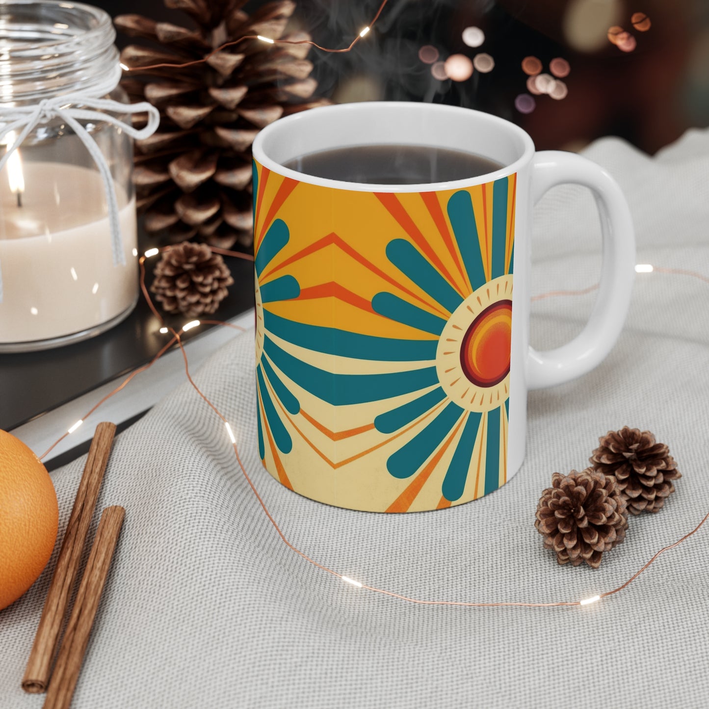 Midcentury Modern Sun: Ceramic Mug with Atomic Age Design for Vintage Fashion Enthusiasts
