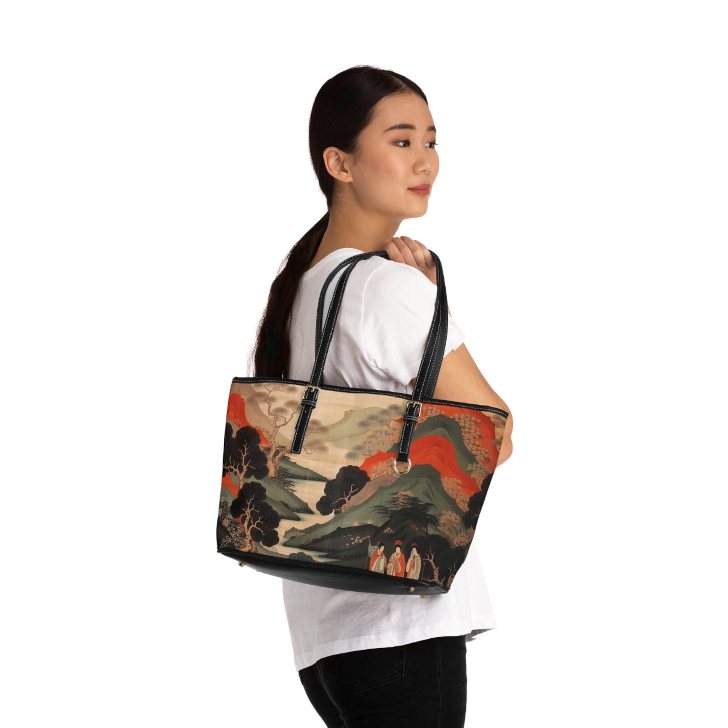 Custom Japanese Tapestry on a PU Leather Shoulder Bag - Unique Artistic Expression