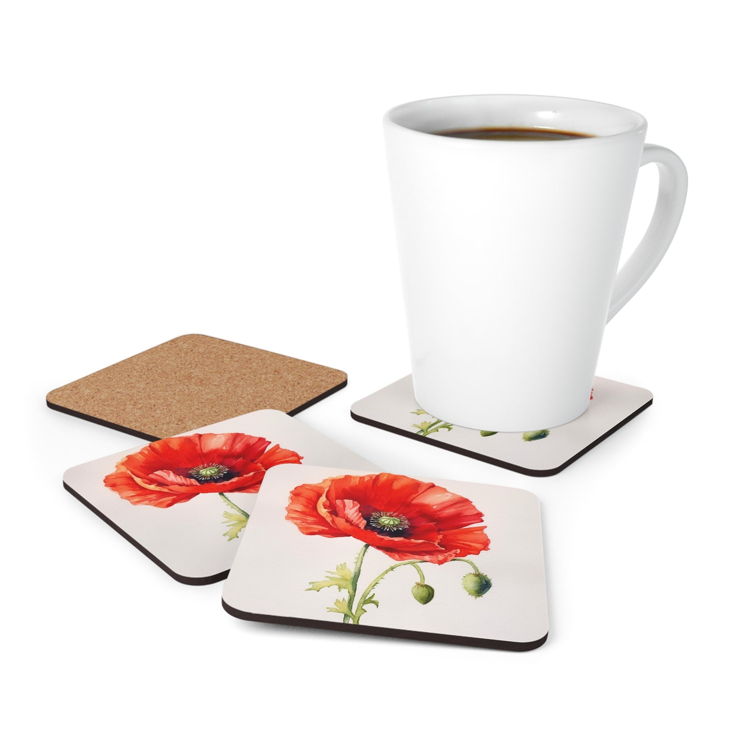 Vibrant Watercolor Poppy Corkwood Coaster Set: Beauty of Nature