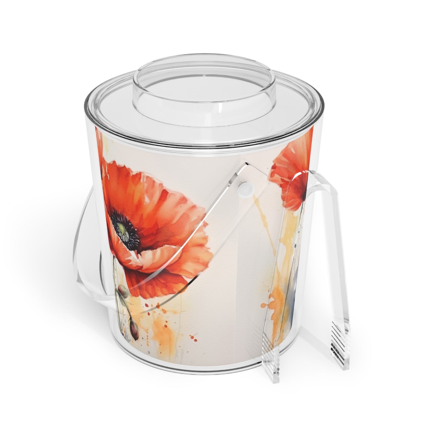 Whimsical Poppy Flower Watercolor Ice Bucket with Tongs: An Artistic Delight
