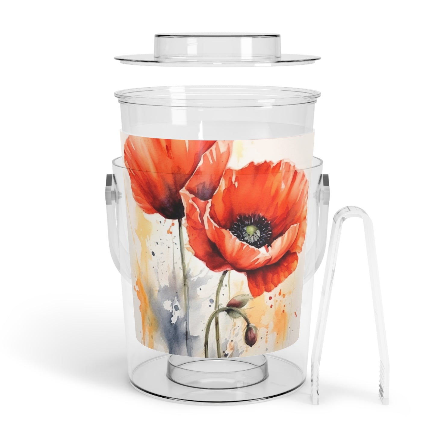 Whimsical Poppy Flower Watercolor Ice Bucket with Tongs: An Artistic Delight