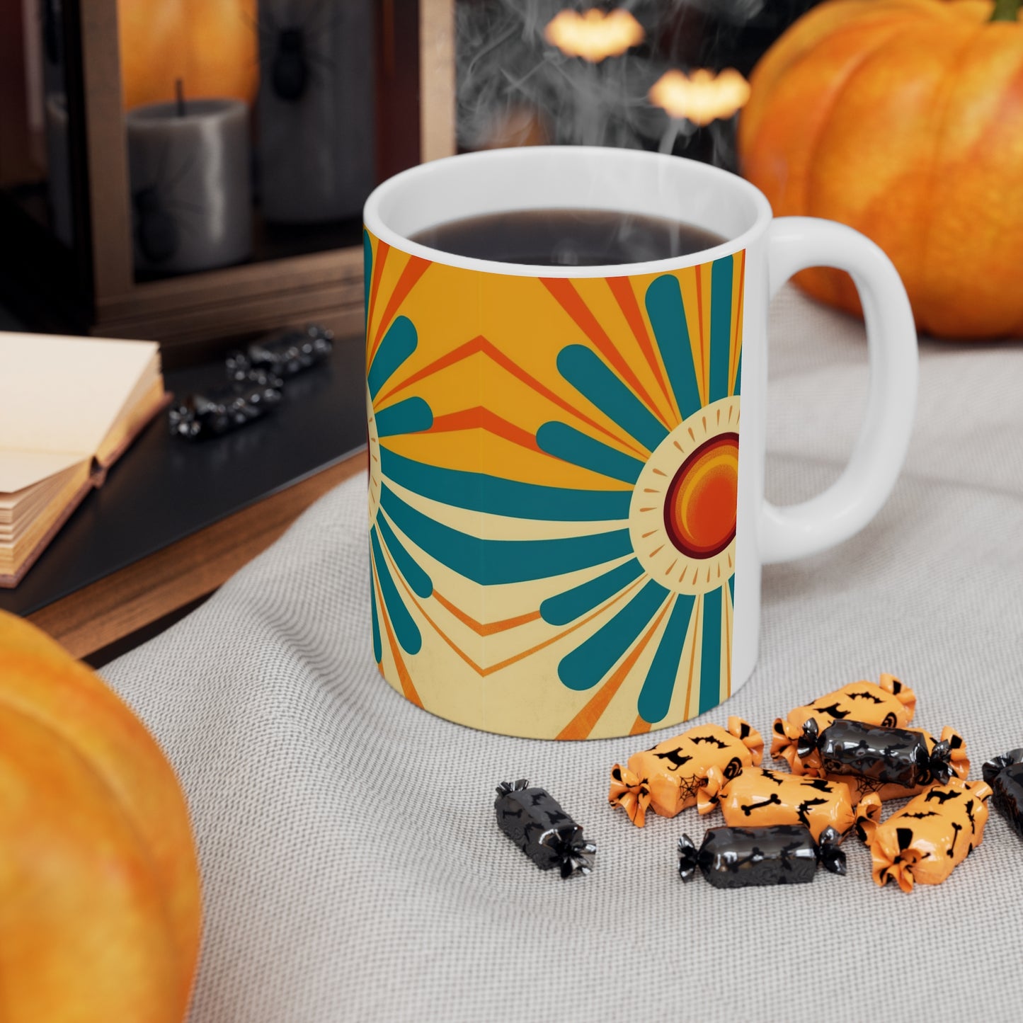 Midcentury Modern Sun: Ceramic Mug with Atomic Age Design for Vintage Fashion Enthusiasts