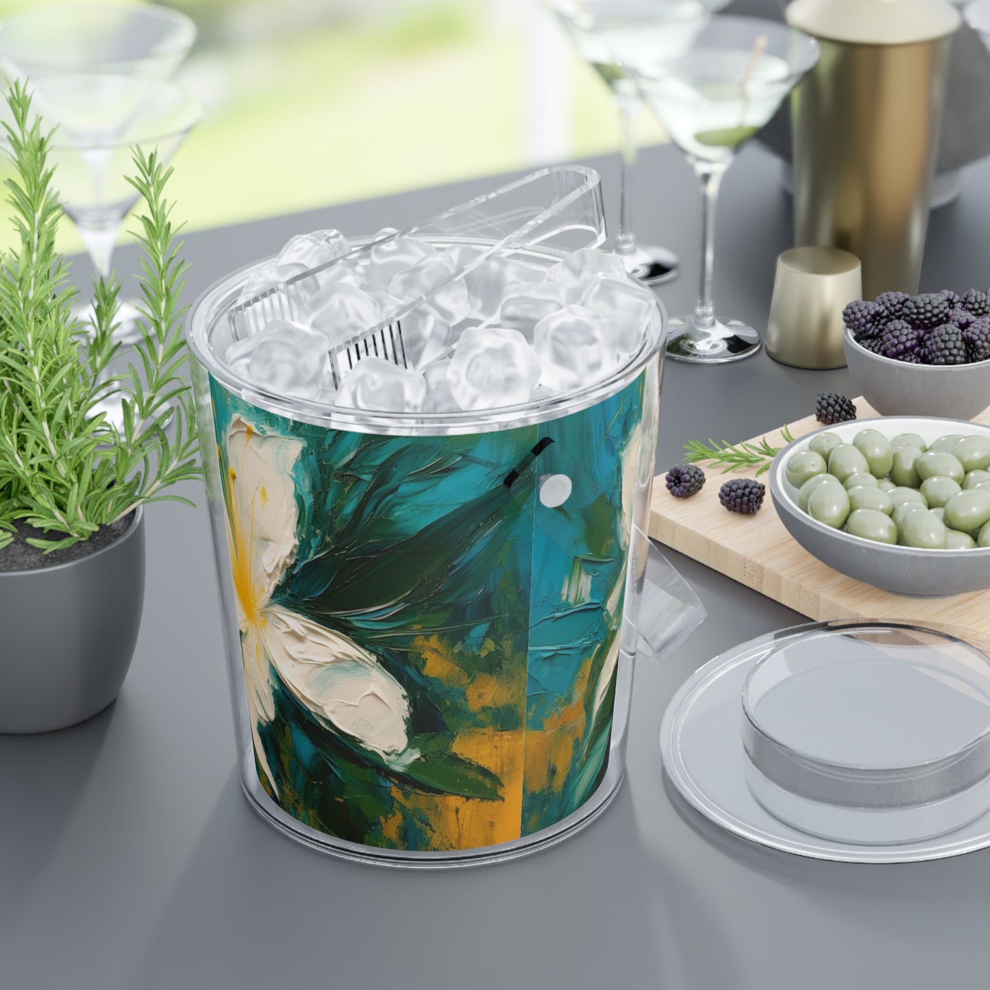 Journey into Artistry: Ice Bucket with Tongs showcasing an Abstract Oil Painting of Jasmine