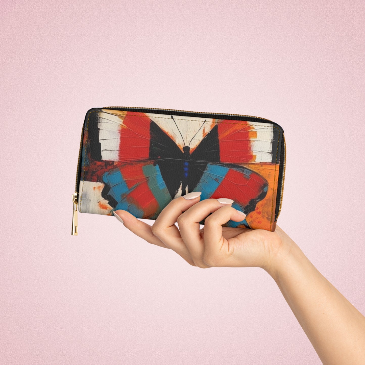 Bauhaus-Inspired Butterfly Symphony: Zipper Wallet with Vibrant Colors and Intricate Details