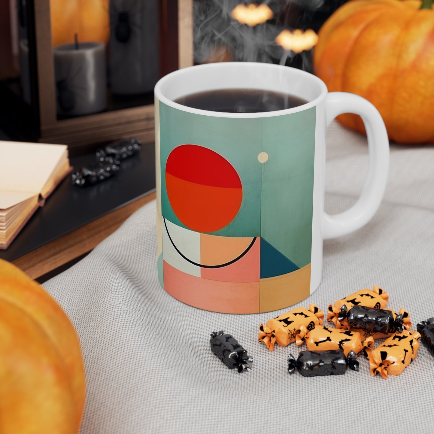 Abstract Geometric Fusion: Modern Art Mug Inspired by Atomic Age Design