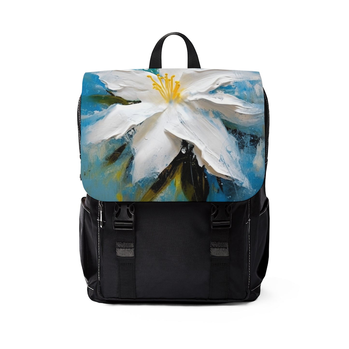 Ethereal Elegance: Unisex Casual Shoulder Backpack featuring an Abstract Oil Painting of Jasmine