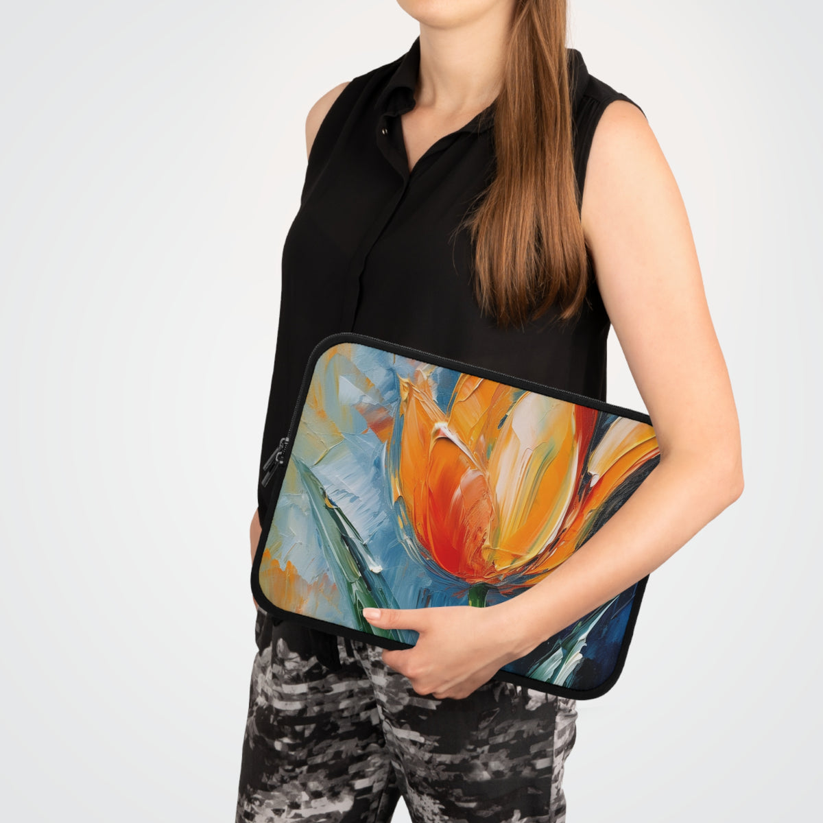Orange Tulip Magic on Laptop Sleeve: A Blossoming Artistic Delight