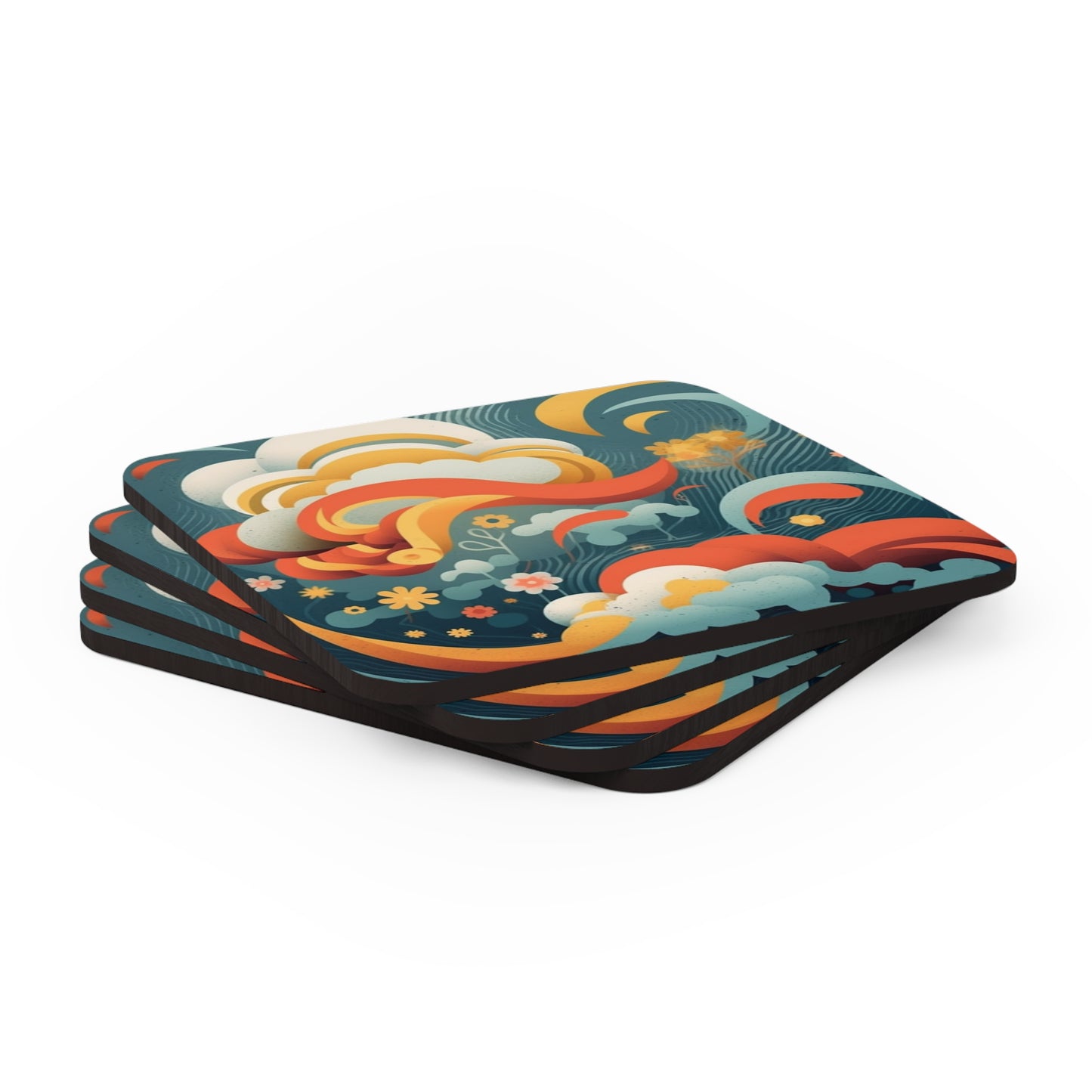 Midcentury Abstract Bliss: Corkwood Coaster Set with Modern Abstract Art and Vintage Fashion Vibes