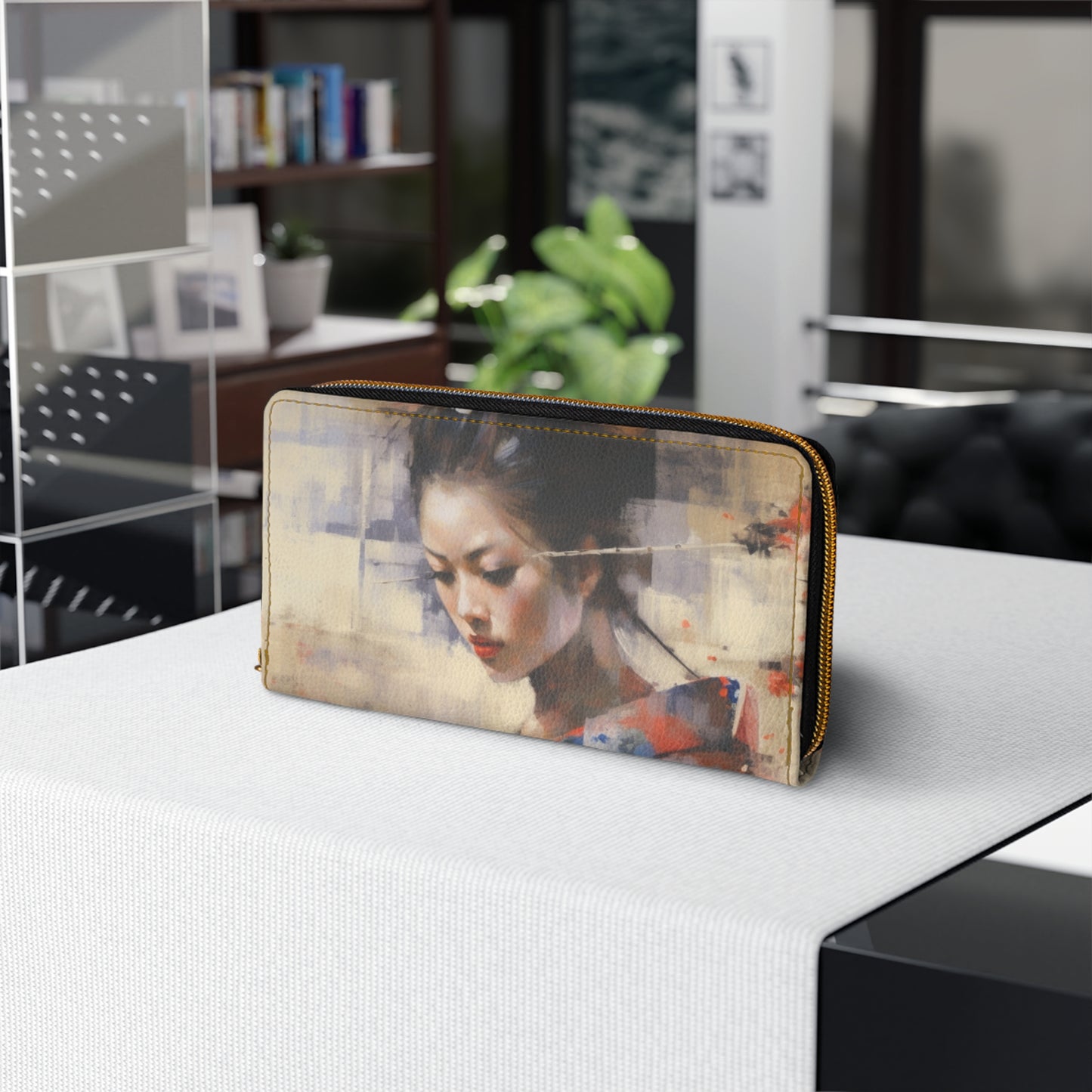 Japanese-Inspired Abstract Oil Painting Zipper Wallet: Celebrating Geisha Beauty