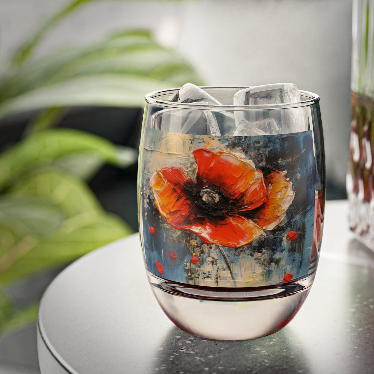 Poppy Elegance: Whiskey Glass with Delicate Flower Drawings