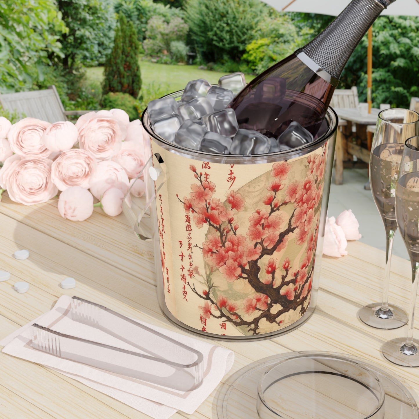 Whimsical Blossom Dreams: Ice Bucket with Tongs with Delightful Flower Drawings and Cherry Blossoms