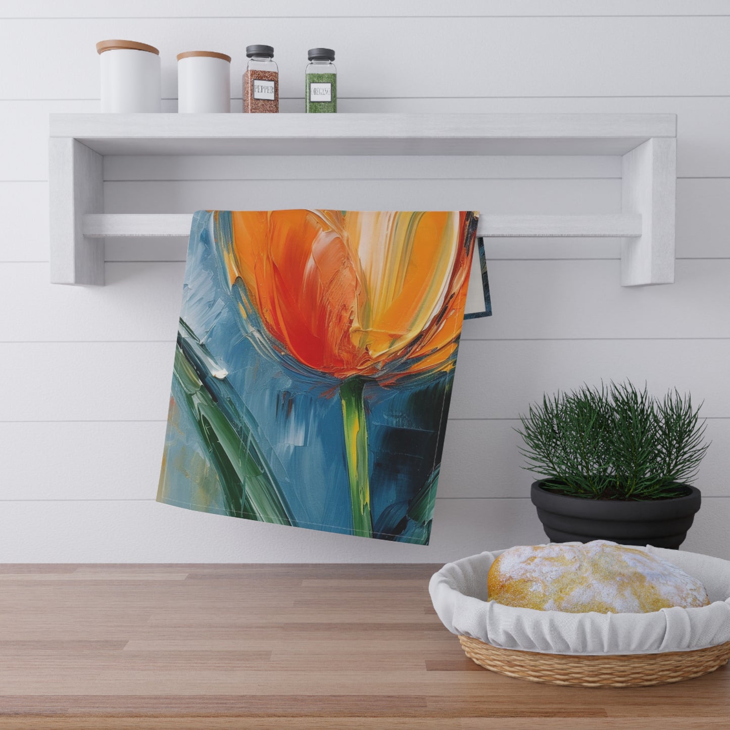 Orange Tulip Magic on Kitchen Towel: A Blossoming Artistic Delight