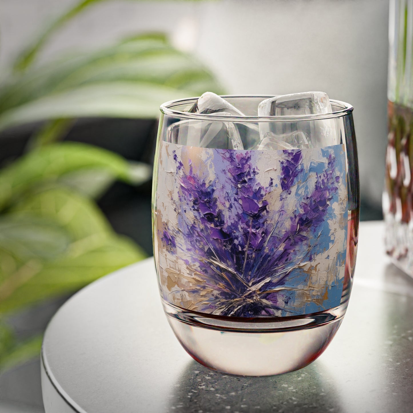 Vibrant Lavender Art on Whiskey Glass: A Floral Delight for Your Senses