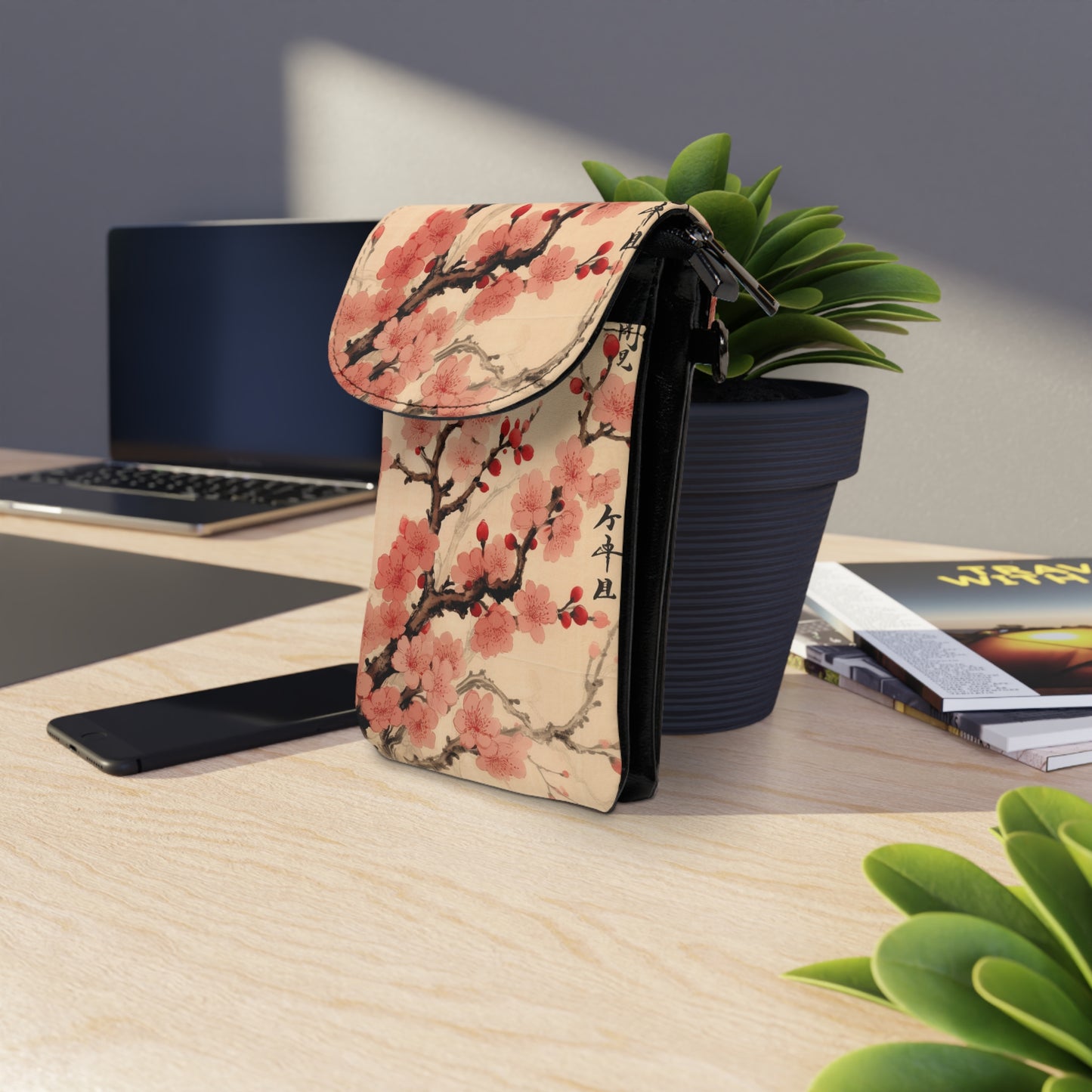 Floral Fusion: Small Cell Phone Wallet Merging Cherry Blossom Beauty and Artistic Flower Drawings