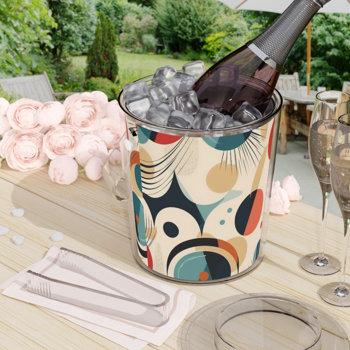 Abstract Elegance: Midcentury Modern Ice Bucket with Tongs with Modern Abstract Art and Vintage Fashion