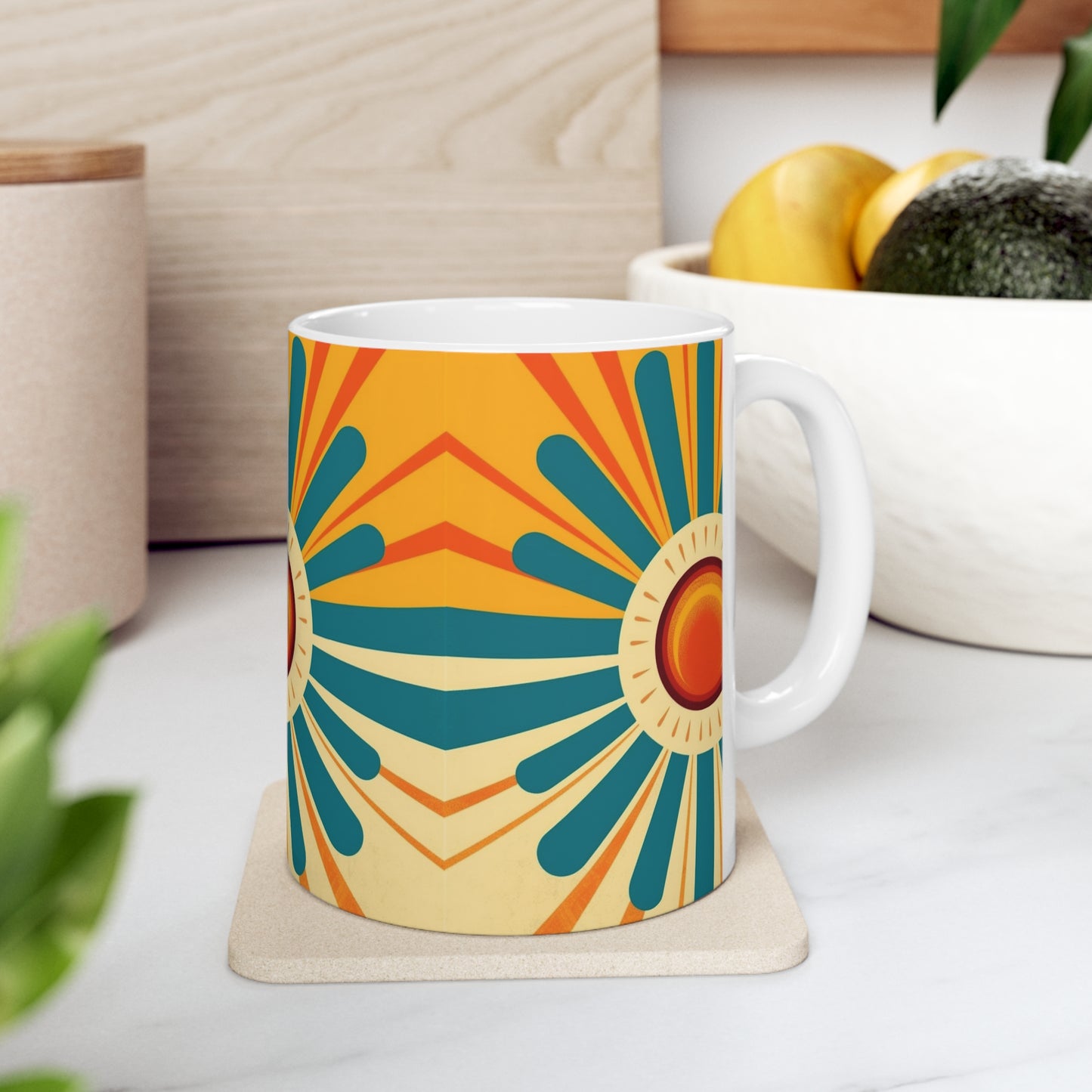 Midcentury Modern Sun: Ceramic Mug with Atomic Age Design for Vintage Fashion Enthusiasts
