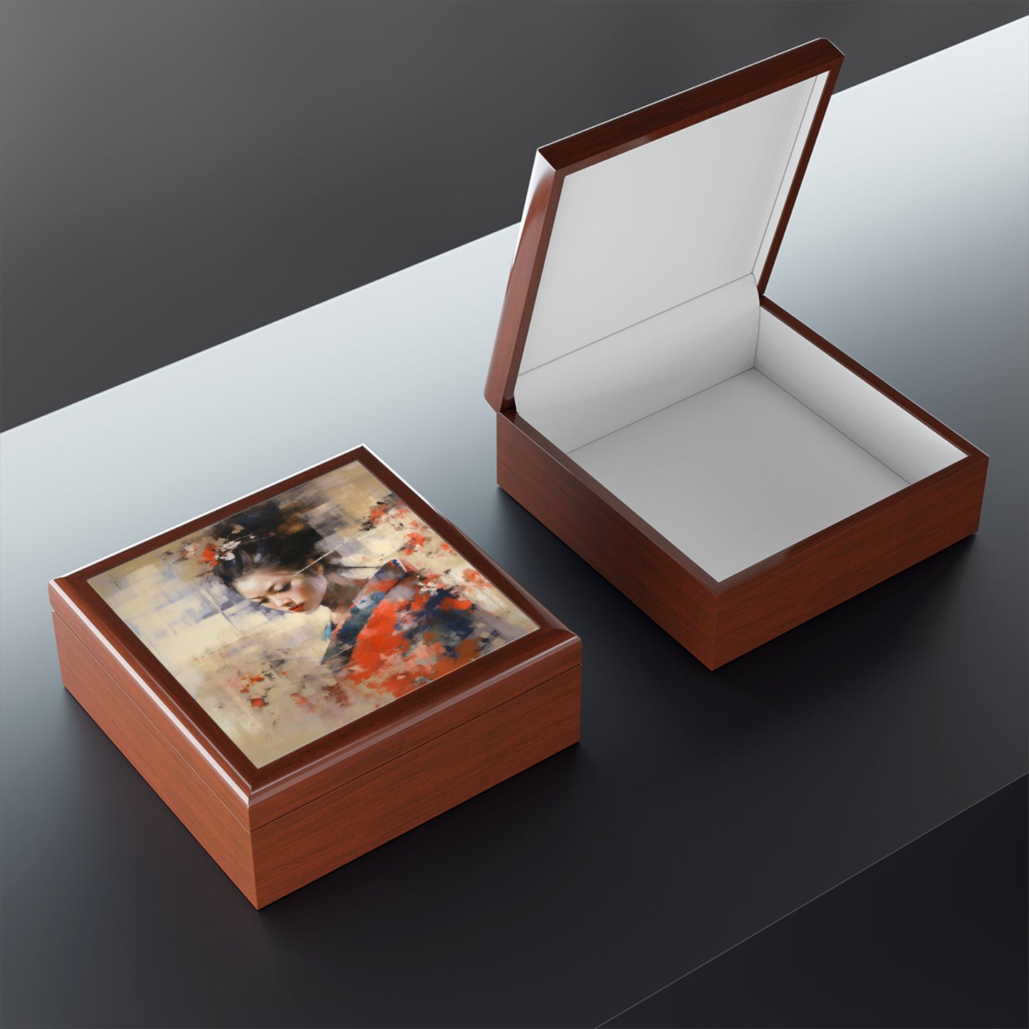 Japanese-Inspired Abstract Oil Painting Jewelry Box: Celebrating Geisha Beauty