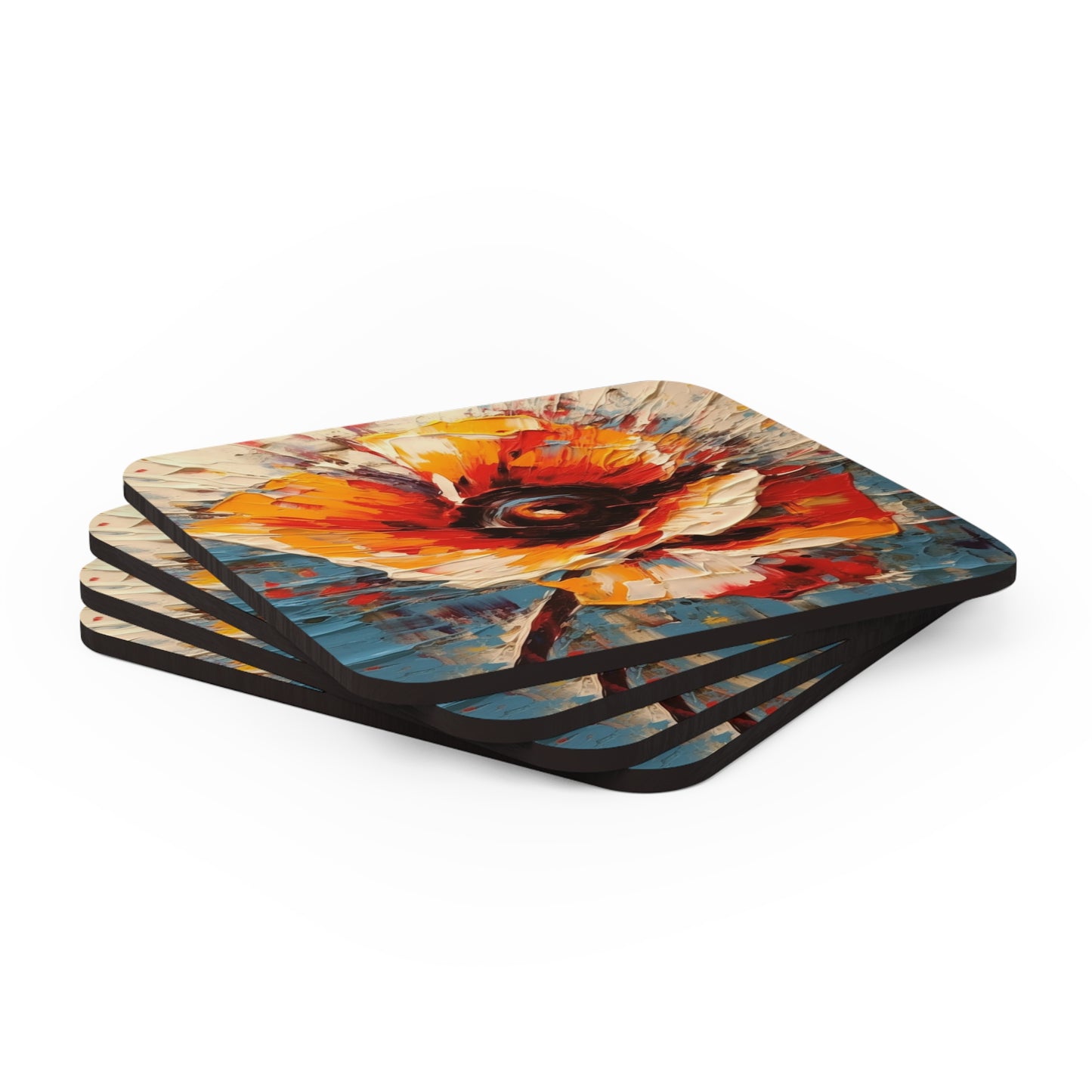 Artistic Awakening: Corkwood Coaster Set Infused with Poppy-Inspired Abstract Art