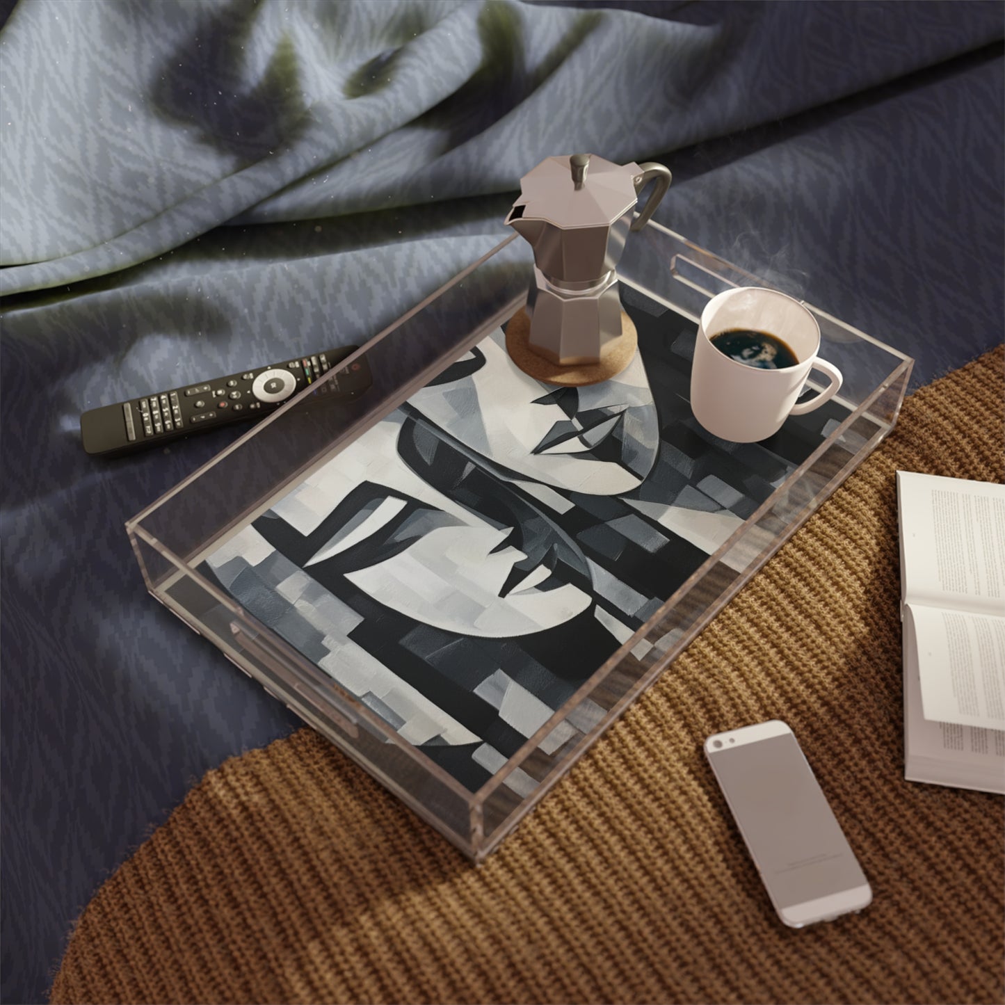 Abstract Oil Paint Acrylic Serving Tray: Cubist Artistry in a Portable Masterpiece