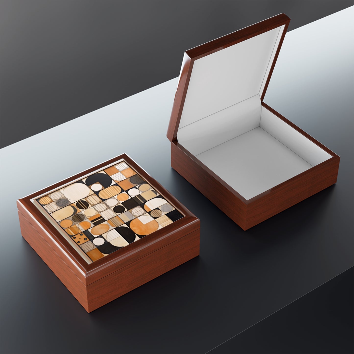 Circular Harmony Jewelry Box: Wood Veneer Mosaics in Graphic Black and White