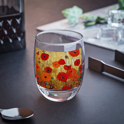 Floral Symphony: Whiskey Glass showcasing Gustav Klimt's Poppies in Art Nouveau