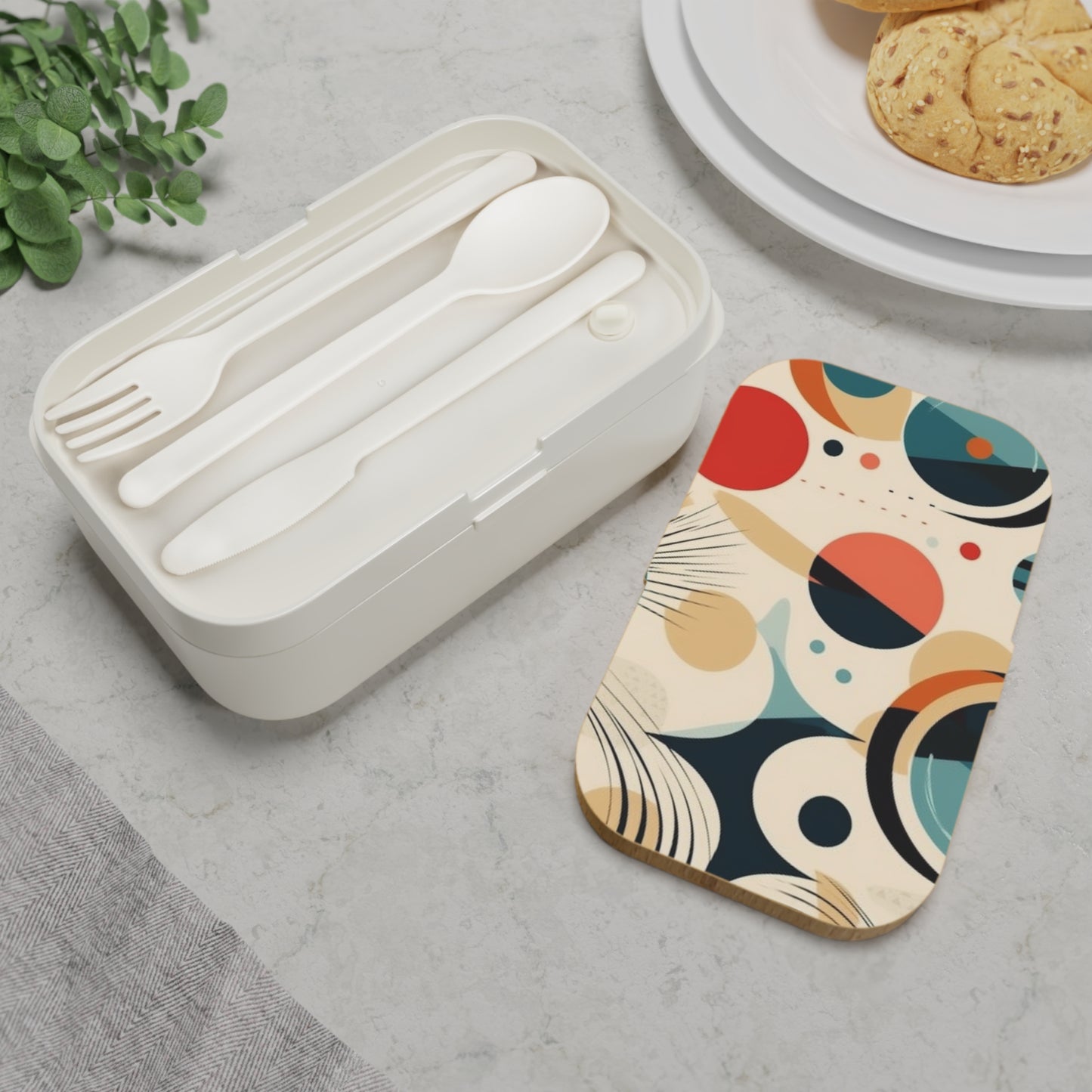 Abstract Elegance: Midcentury Modern Acrylic Bento Box with Modern Abstract Art and Vintage Fashion