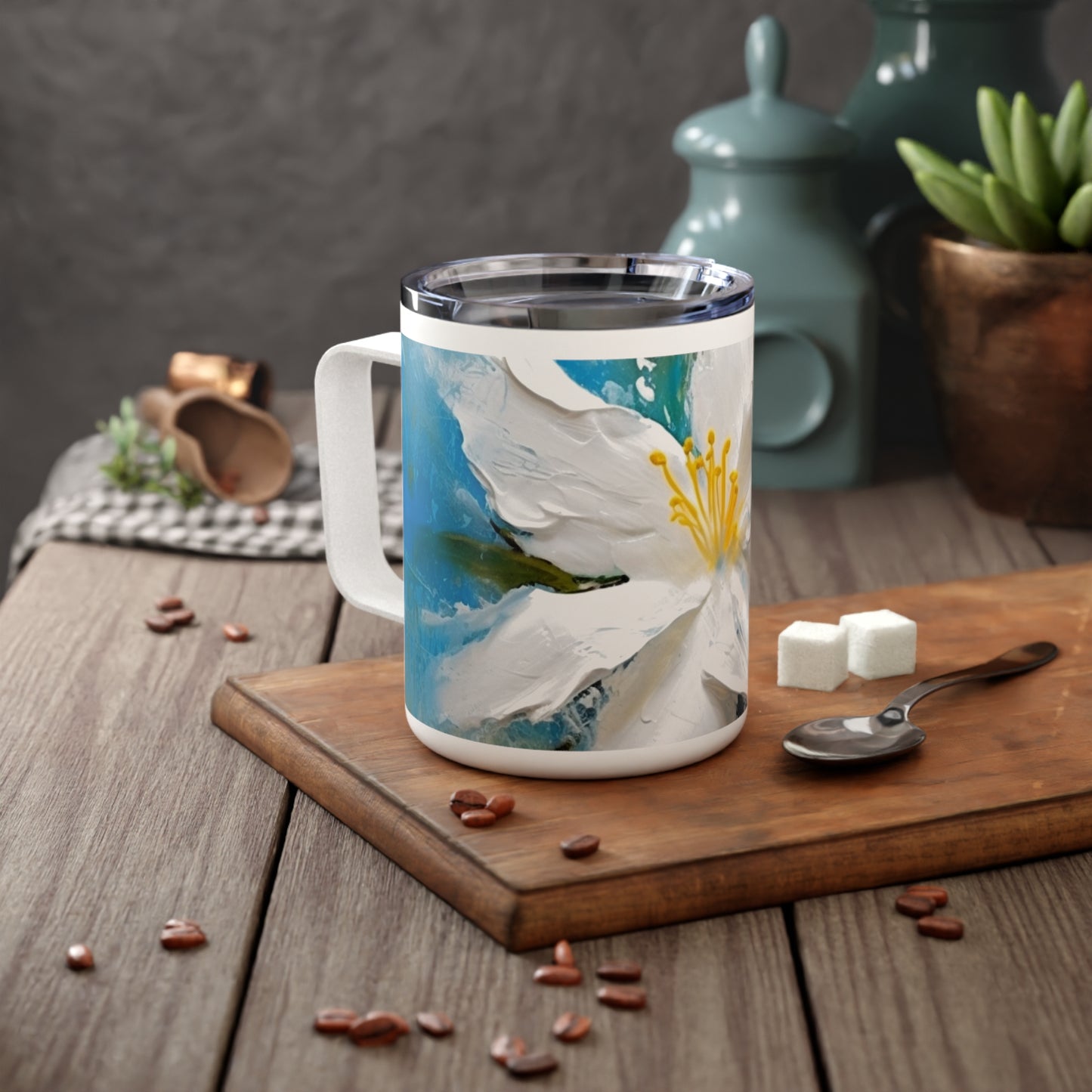 Ethereal Elegance: Insulated Coffee Mug featuring an Abstract Oil Painting of Jasmine