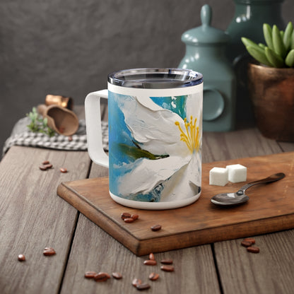 Ethereal Elegance: Insulated Coffee Mug featuring an Abstract Oil Painting of Jasmine