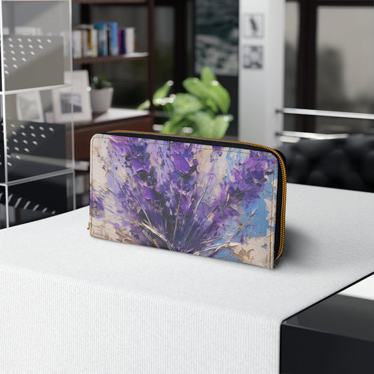 Vibrant Lavender Art on Zipper Wallet: A Floral Delight for Your Senses