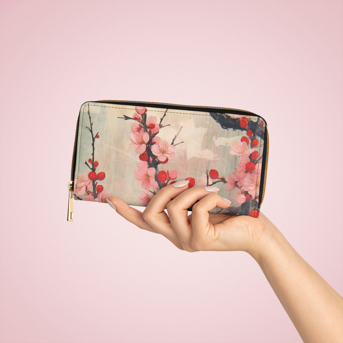 Cherry Blossom Bliss: Zipper Wallet Embracing the Beauty of Floral Art and Drawings