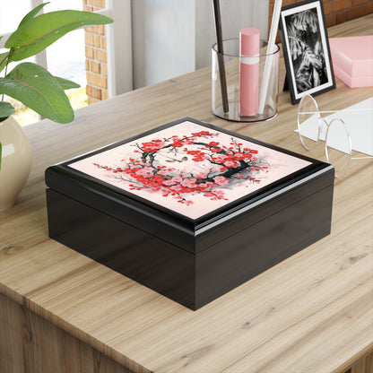 Cherry Blossom Delight: Jewelry Box Adorned with Intricate Flower Drawings and Artistry